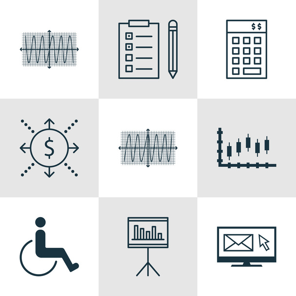 Set Of 9 Universal Editable Icons. Can Be Used For Web, Mobile And App Design. Includes Icons Such As Reminder, Accessibility, Money And More. - Διάνυσμα, εικόνα
