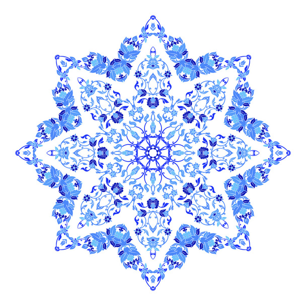 Adorno indio redondo, patrón floral caleidoscópico, mandala. Diseño hecho en estilo gzhel ruso y colores
 - Vector, imagen