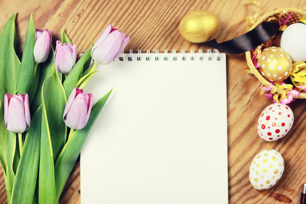 Easter background flower egg paper wooden - Photo, Image