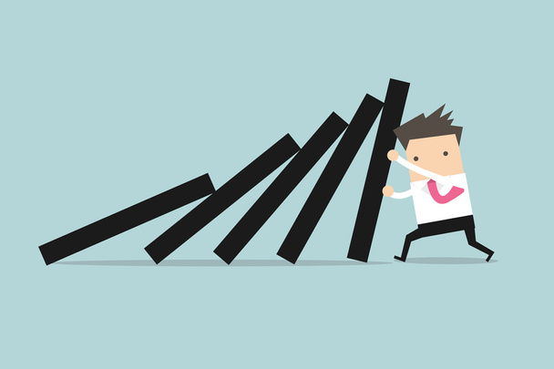 Businessman pushing hard against falling deck of domino tiles. - Vector, Image