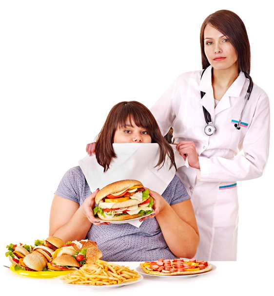 Donna con hamburger e medico
. - Foto, immagini