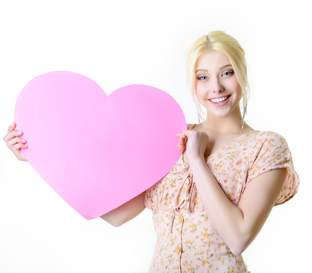 woman holding pink heart - Photo, Image