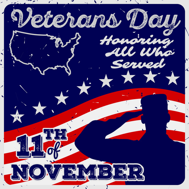 Veteran's day poster template in vintage style. US Army soldiers saluting on grunge american flag background - Διάνυσμα, εικόνα