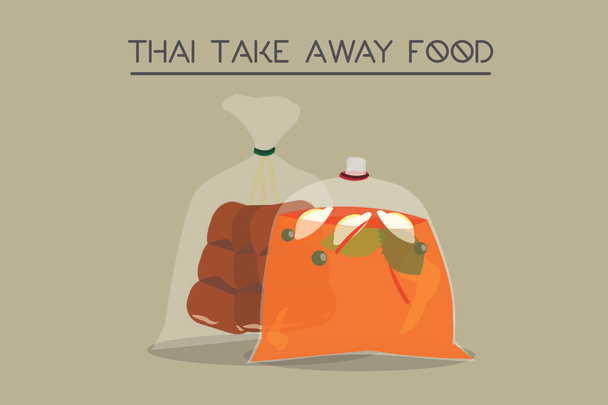 Thai Essen zum Mitnehmen - Curry und gegrilltes Schweinefleisch - Vektor, Bild
