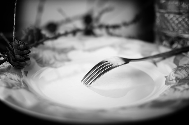 tenedor en plato negro blanco
 - Foto, Imagen
