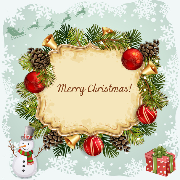 Weihnachtsillustration mit Weihnachtsglocken, Christbaumkugeln und Schneemann - Vektor, Bild