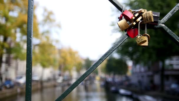 Wedding locks on Amsterdam bridge, Netherland - Πλάνα, βίντεο