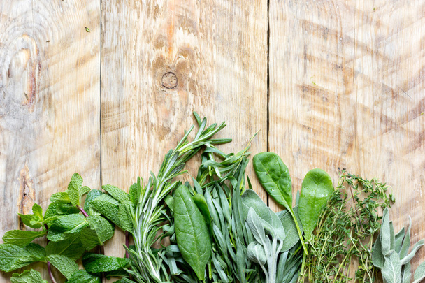 mint, rosemary, thyme - fresh herbs for cooking top view - Foto, imagen