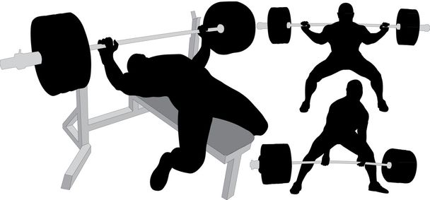 Powerlifting, Gewichtheben oder Bodybuilding-Vektor-Silhouetten auf weißem Hintergrund. Bankdrücken, Kreuzheben, Kniebeuge. Mehrschichtig. Voll editierbar. - Vektor, Bild