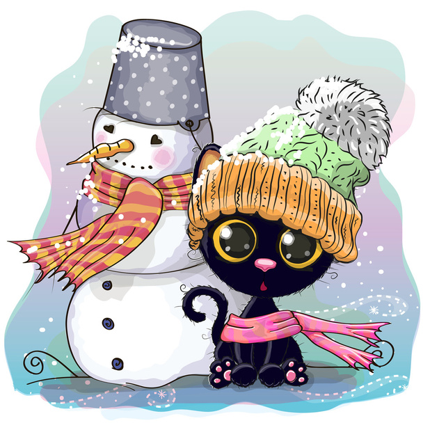 Cute Kitten and snowman - Vettoriali, immagini