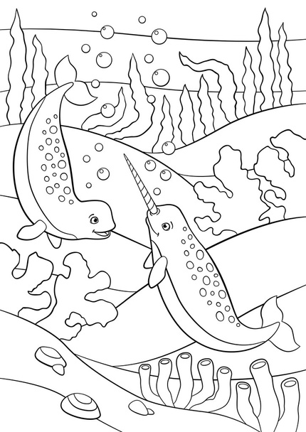 Coloring pages. Two little cute narwhals swim underwater. - Vetor, Imagem