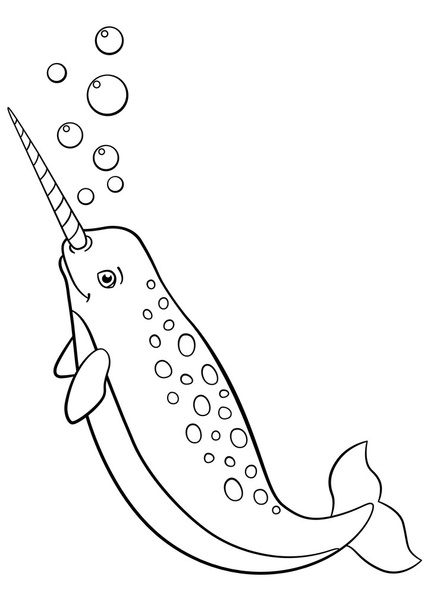 Coloring pages. Little cute narwhal swims. - Vetor, Imagem