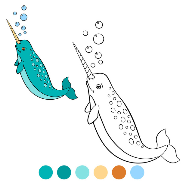 Coloring pages: narwhal. Little cute narwhal swims. - Vektor, Bild