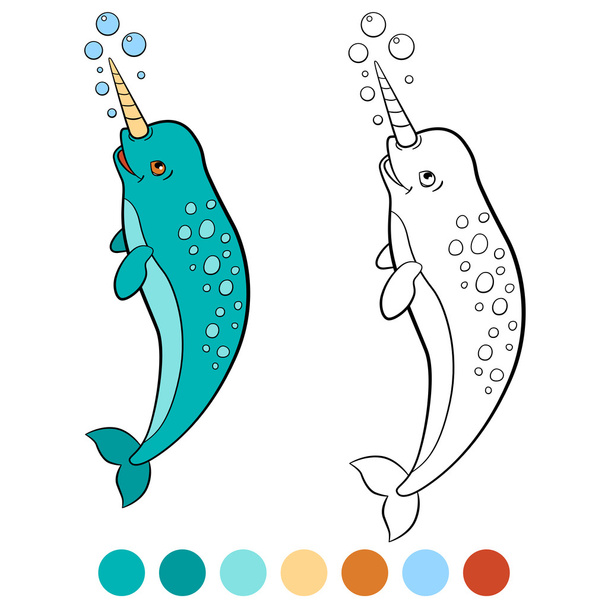 Coloring pages: narwhal. Little cute narwhal swims. - Vektor, Bild