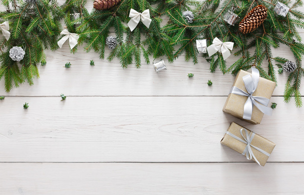 Christmas decoration, gift boxes and garland frame background - Fotoğraf, Görsel