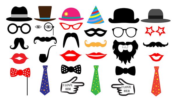 Retro party set. Glasses, hats, lips, mustaches, tie, monocle. Isolated vector. - Vecteur, image