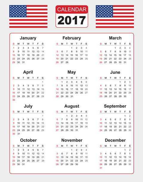Calendar for 2017 with two vector image of american flag - Vector, Image