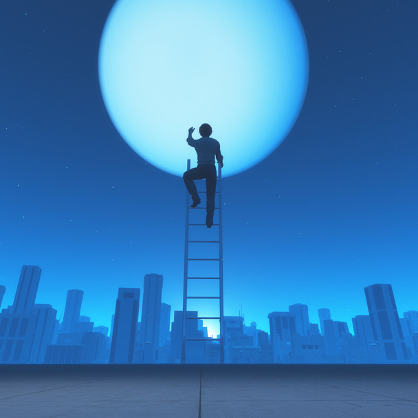 El hombre sube una escalera a la luna
  - Foto, Imagen