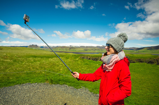 Female tourist making selfie with phone - Φωτογραφία, εικόνα