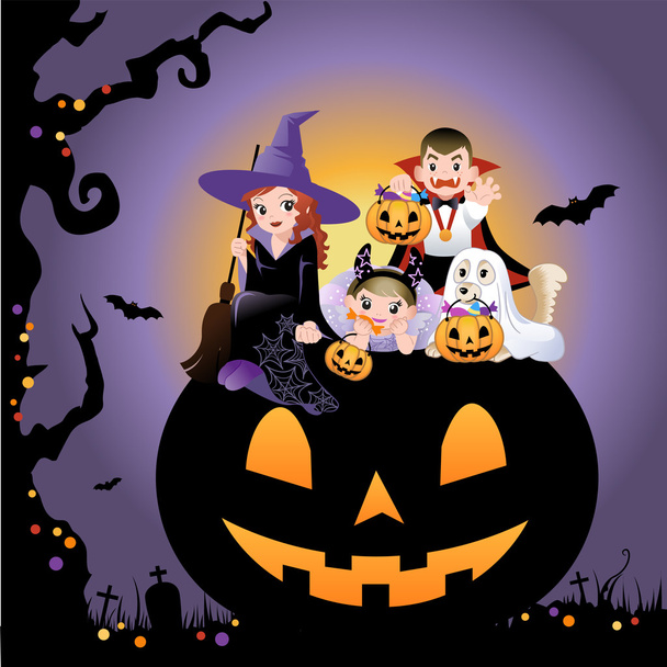Halloween children wearing costume on the huge jack-o-lantern - Vector, Image