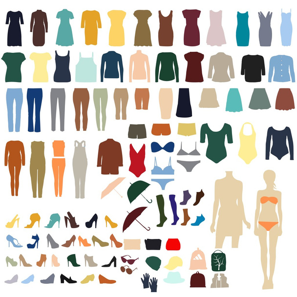 Joukko värikkäitä naisten vaatteita
  - Vektori, kuva