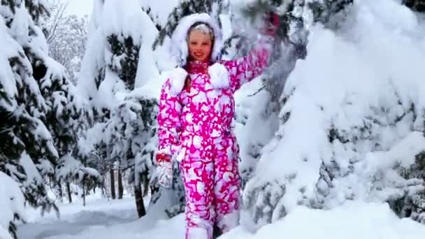 Kleines Mädchen in Winterkleidung mit fallendem Schnee. - Filmmaterial, Video