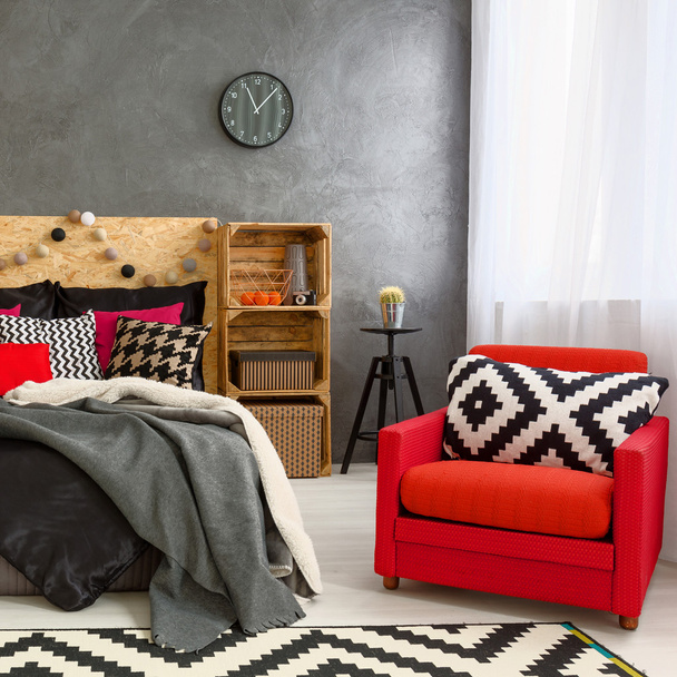 Modern red bedroom - Valokuva, kuva