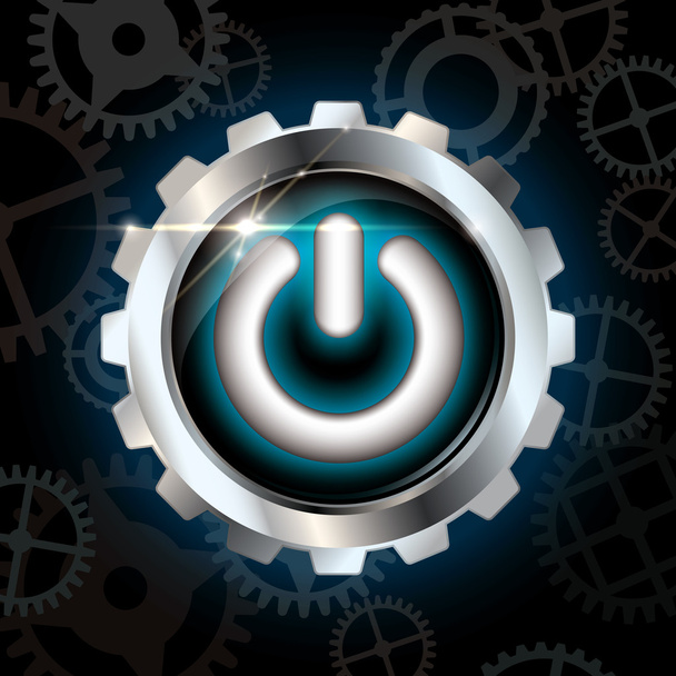 Blue power on metallic vector button with gears - Vector, Image
