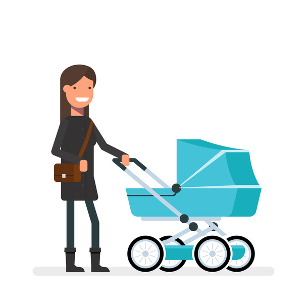Nainen seisoo lastenvaunujen vieressä. Tyttö kävelyllä vauvan kanssa. Mies naisten käsilaukku olkapää. Sarjakuvahahmo tasainen tyyli eristetty valkoinen tausta
 - Vektori, kuva