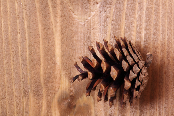 Cono di pino con fiocco su sfondo in legno
. - Foto, immagini