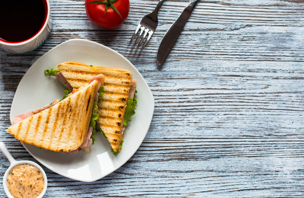 Top view of Healthy Sandwich toast on a wooden background - Φωτογραφία, εικόνα