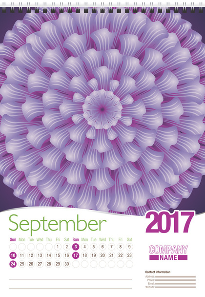 Modelo de calendário de parede de setembro 2017 com design floral abstrato, pronto para impressão. Tamanho: 297mm x 420mm. Formato vertical. Versão em inglês
 - Vetor, Imagem