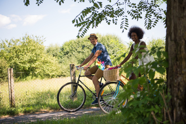 Young multiethnic couple having a bike ride in nature - Fotó, kép
