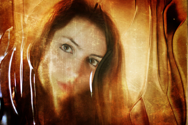 poškrábaný špinavý efekt na Foto dívka tvář za sklem, špinavé - Fotografie, Obrázek
