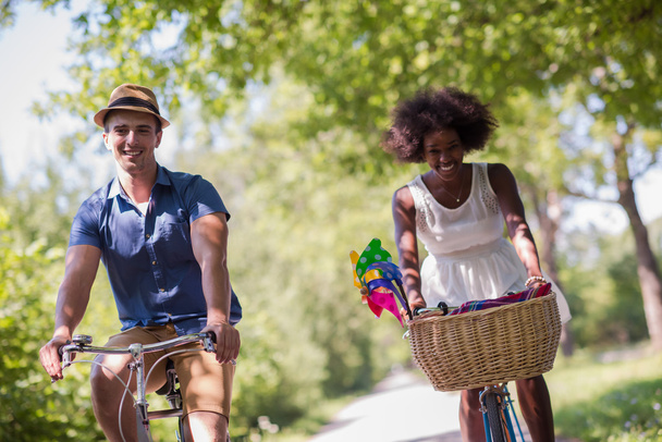 自転車を持っている若い民族カップルが自然に乗る - 写真・画像