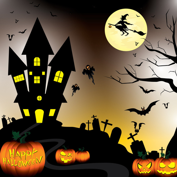 Boldog Halloween, boszorkány és sütőtök, denevérek, objektumok Hold éjszaka fekete égen. - Vektor, kép