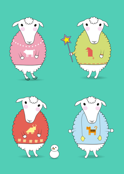 Мультипликационные белые овцы с цветными пуловерами
 - Фото, изображение