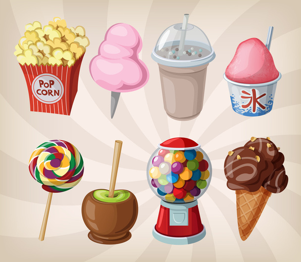 A collection of fair drinks and sweets. - Vector, Image