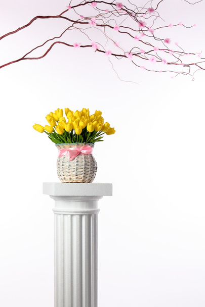Vaso com tulipas. Vaso com um buquê de tulipas em pé na coluna iônica. - Foto, Imagem