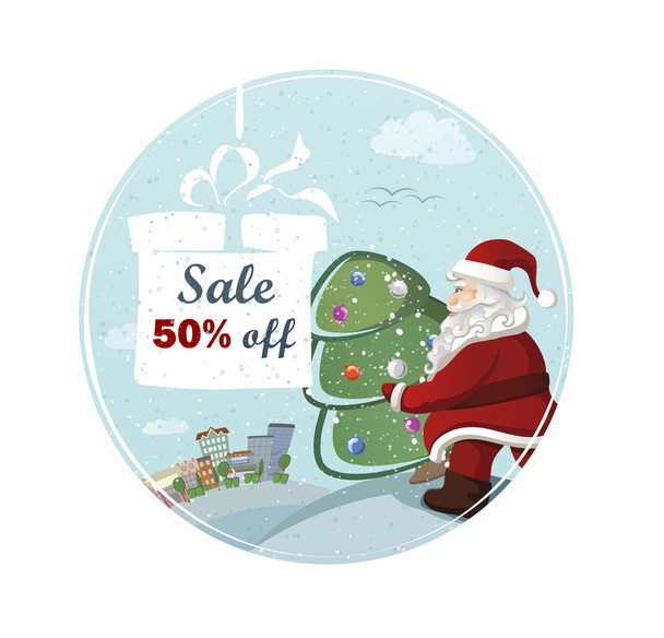 cartoon Santa Claus is carrying the christmas fir tree with holiday text. The concept of holiday sale.  - Vecteur, image