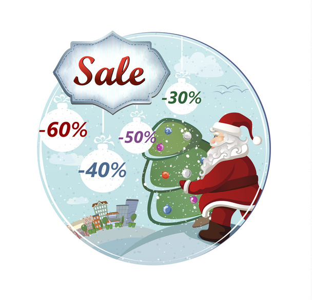 cartoon Santa Claus is carrying the christmas fir tree with holiday text. The concept of holiday sale.  - Vecteur, image