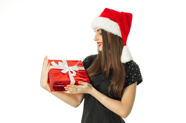 beauty woman in santa hat smiling - Photo, Image