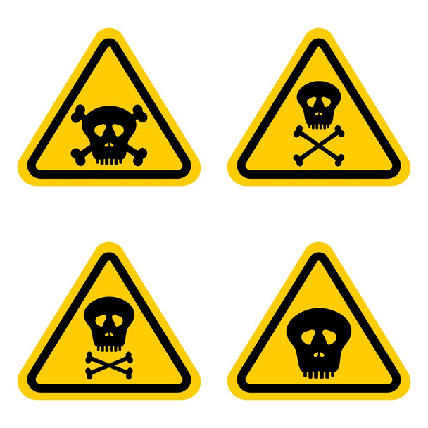 Instellen waarschuwing gele borden met zwarte contour gevaar menselijke schedels en menselijke beenderen gekruist op een witte achtergrond - Vector, afbeelding