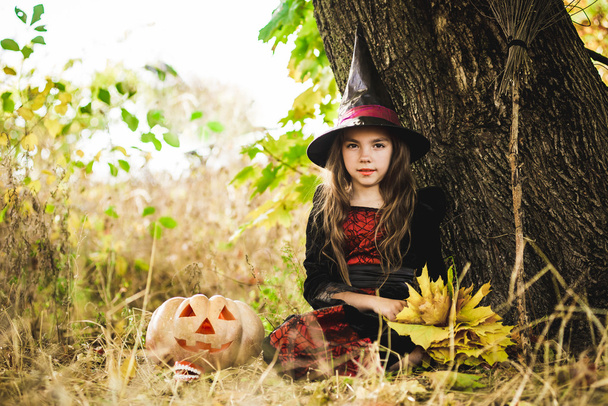 Boldog Halloweent! Aranyos kis boszorkány tökkel a kezében.. - Fotó, kép
