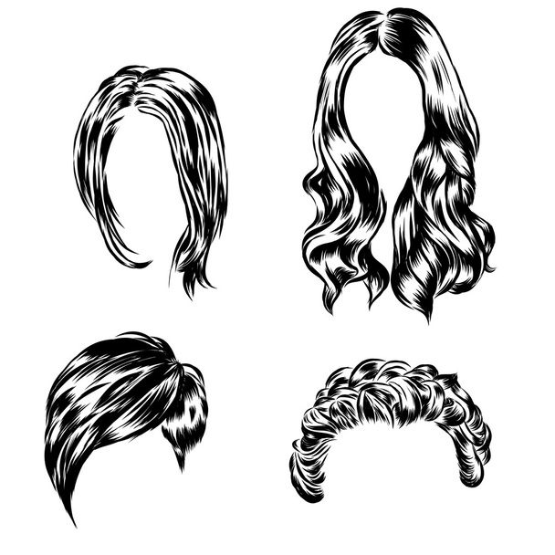 Conjunto desenhado à mão de diferentes estilos de cabelo das mulheres
. - Vetor, Imagem