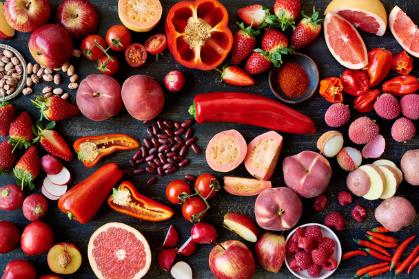 Vegetables and fruits on wooden table - Foto, imagen