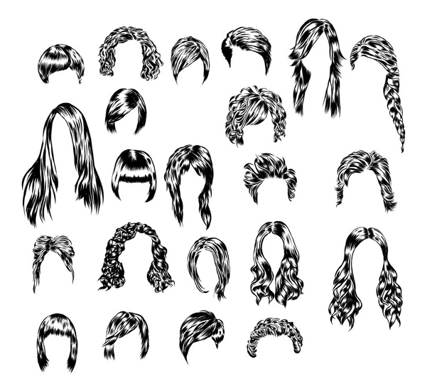 Conjunto dibujado a mano de diferentes estilos de pelo de las mujeres
. - Vector, Imagen
