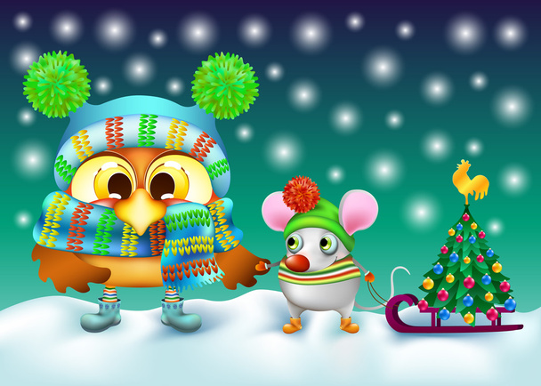 Смешная сова и мышь в зимней одежде с елкой
 - Вектор,изображение