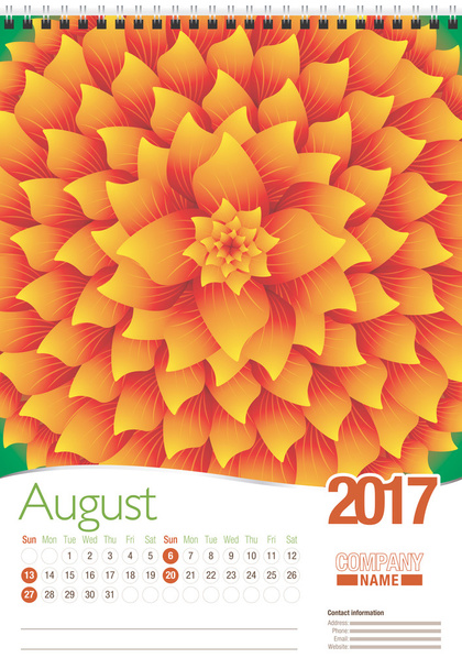 Elokuun seinäkalenteri 2017 malli abstrakti kukka suunnittelu, valmis tulostettavaksi. Koko: 297mm x 420mm. Muoto pystysuora. Suomenkielinen
 - Vektori, kuva