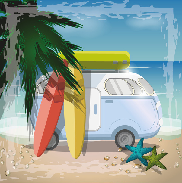 Conceito de vetor de praia de verão com surfista e ônibus retro na praia
 - Vetor, Imagem